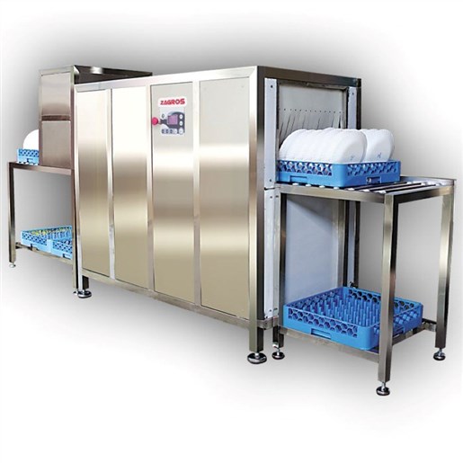 ماشین ظرفشویی و سلف شور صنعتی زاگرس، مدل 210  سبد، تونلی با میز اتومات و خروجی ریلی (برقی)